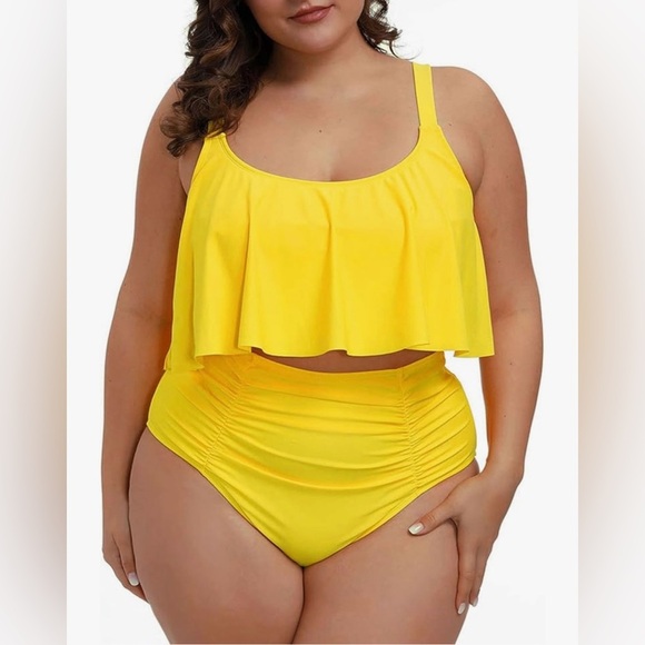 Women's 2 Piece Plus Size High Waisted Swimsuit Bathing Suit Lemon Yellow 3X - Picture 1 of 4